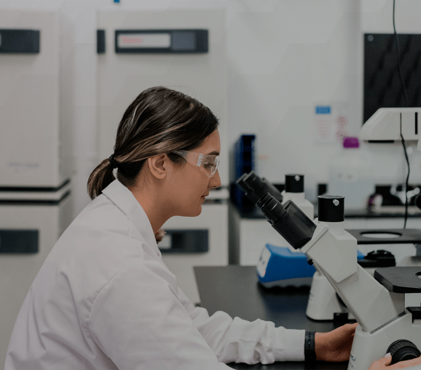 Photo of a CBM Plasmid DNA manufacturing team member using a microscope at the facility for R&D and GMP plasmid production
